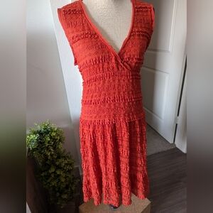 Textured Deep V Orange Sleeveless Dress